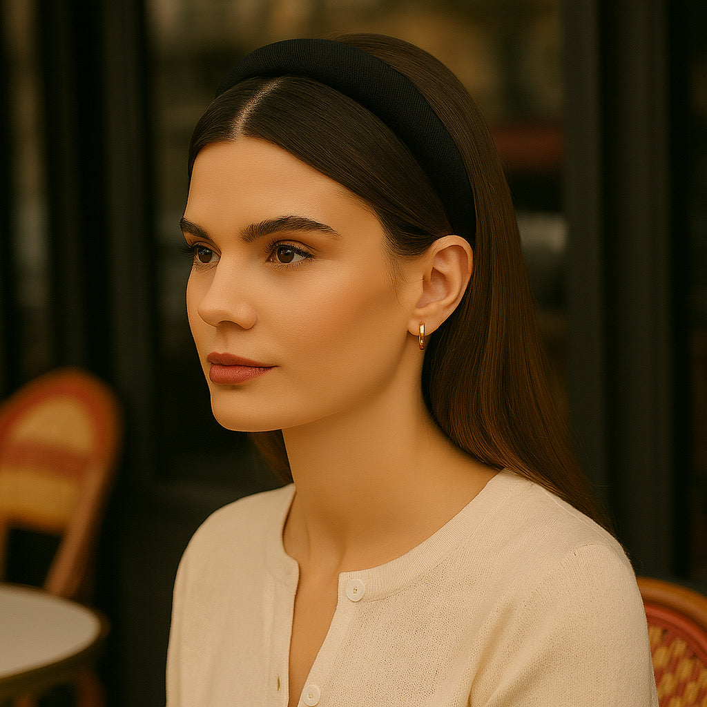PaulaB black headband on model in Paris Cafe setting elegant handmade accessory for chic outfits.
