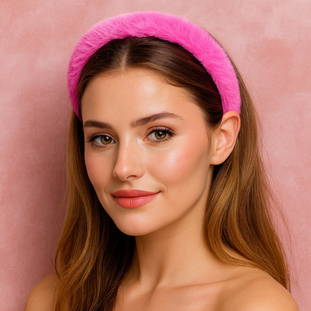 Model wearing PaulaB hot pink rabbit fur thin headband close up