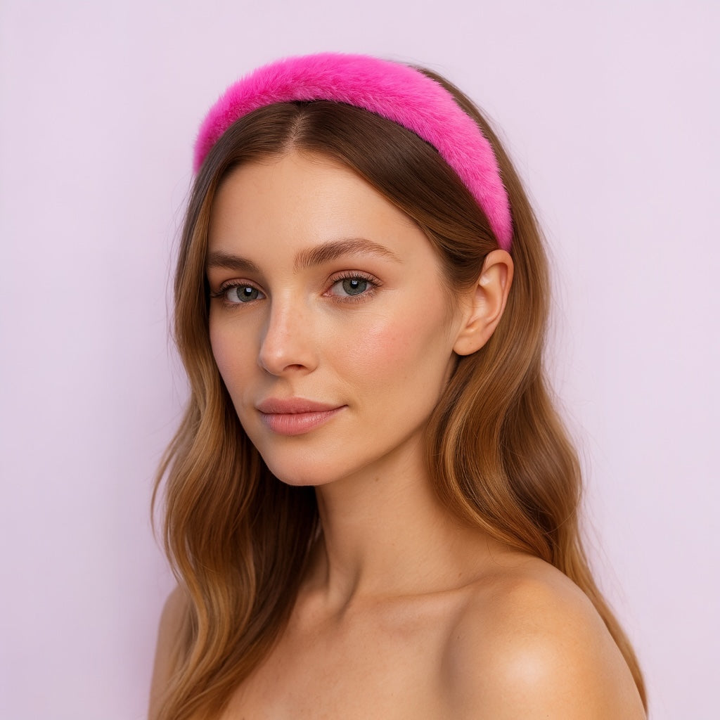 Female model wearing PaulaB thin hot pink rabbit fur headband