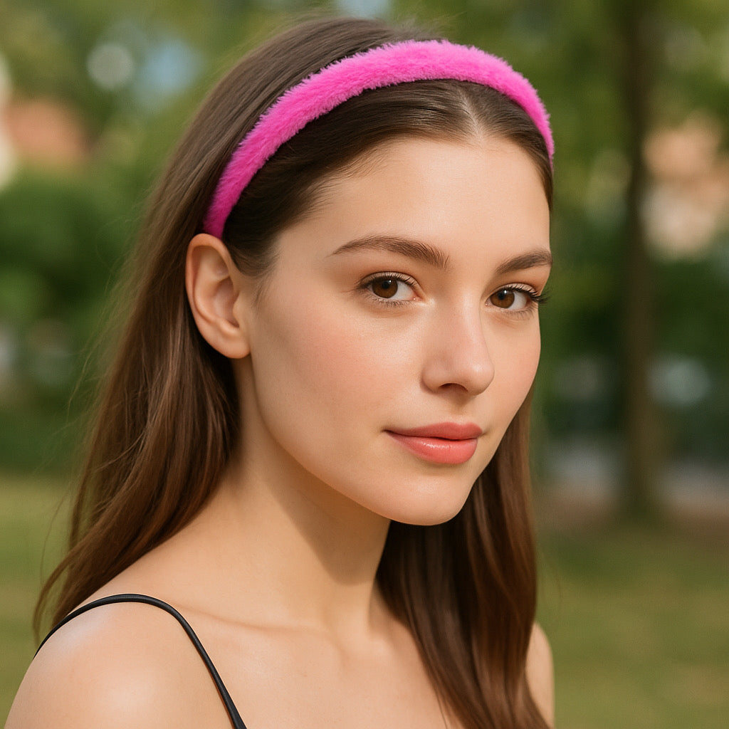 Women wearing PaulaB hot pink rabbit fur headband outdoors