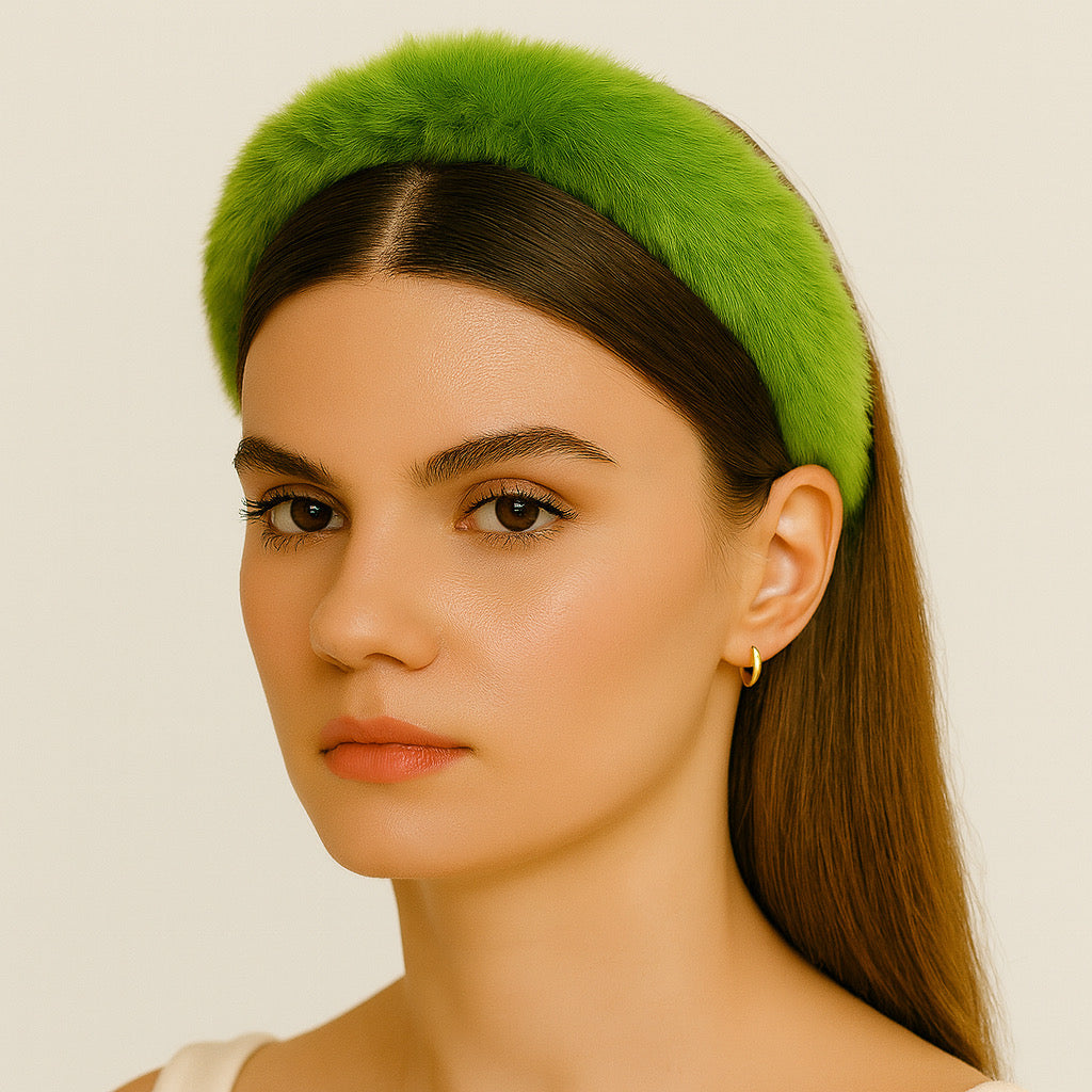 Model wearing Paulab lime green rabbit fur headband, elegant close-up look.