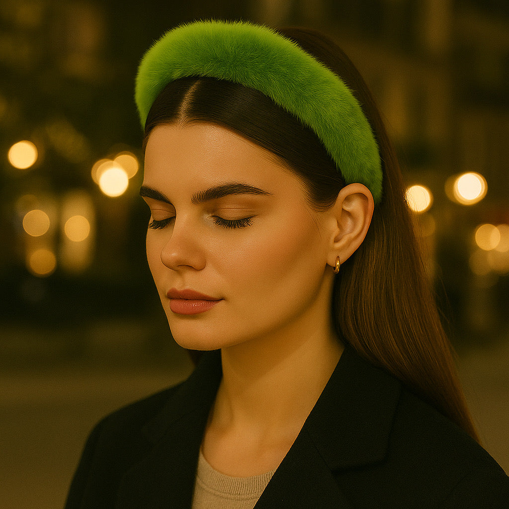 Pretty model wearing PaulaB lime green rabbit fur headband during relaxing night outing.