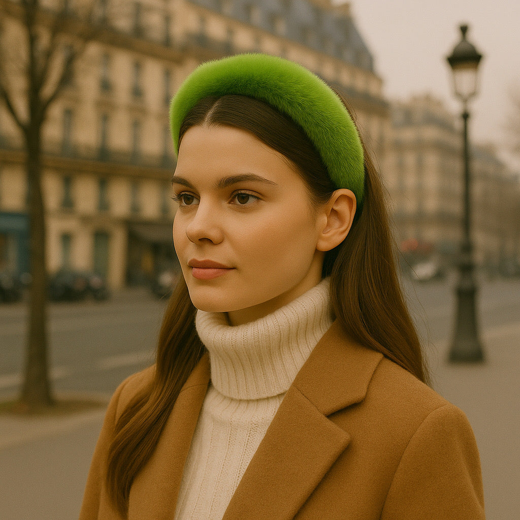 Chic model wearing PaulaB lime green rabbit fur headband styled with winter coat on Paris Street.