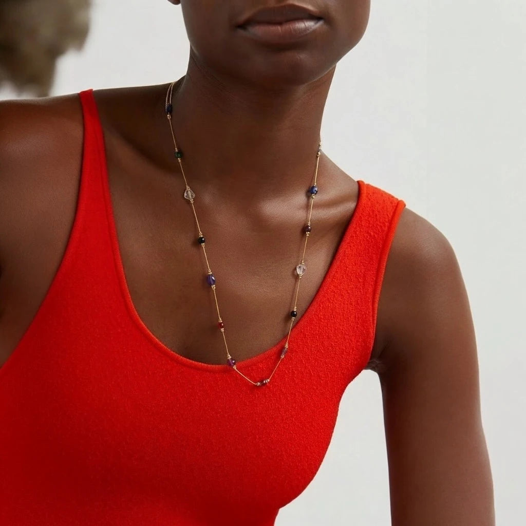 PaulaB colorful gemstone necklace styled with red dress vibrant statement jewellery piece Australia.