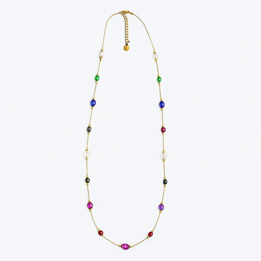 Paulab 18k gold-plated multi-gemstone necklace with vivid red, green, blue, and crystal beads of fine chain. Luxury handcrafted jewellery Australia, New Zealand and UK.