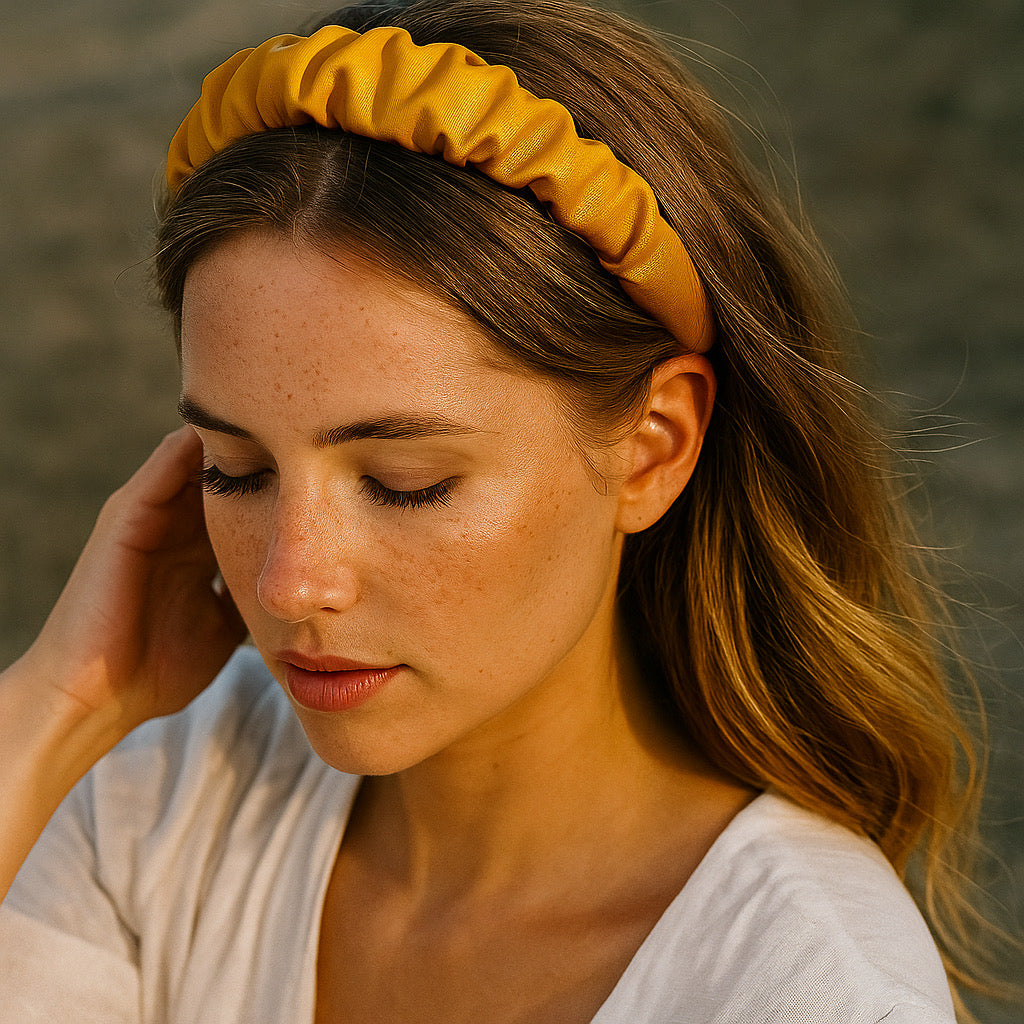 Women wearing PaulaB mustard yellow PU leather ruched headband outdoors in golden sunlight, highlighting chic and stylish design.