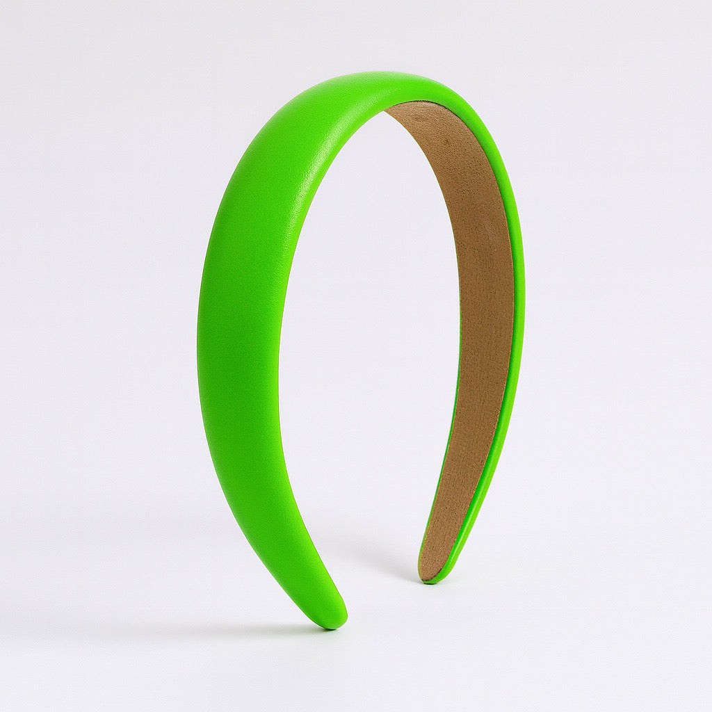 PaulaB neon green PU leather headband, sleek side profile