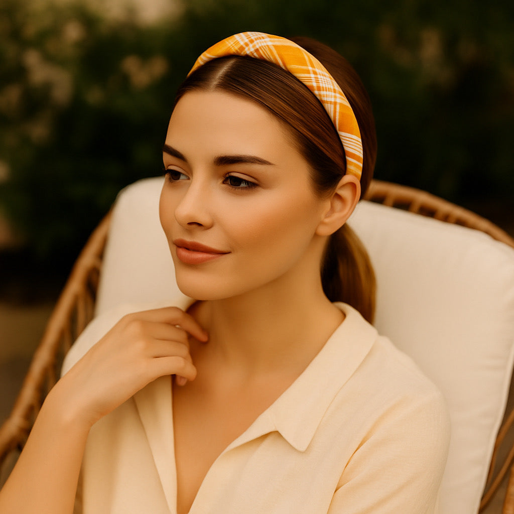 Lifestyle holiday mood model wearing PaulaB handmade orange plaid polyester padded headband