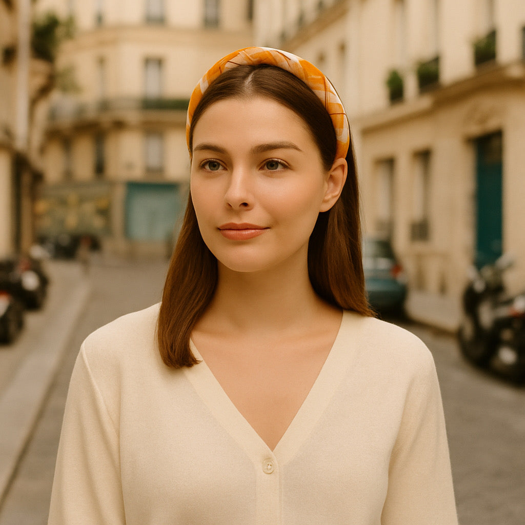 Pretty model wearing PaulaB orange plaid padded polyester headband on Paris steet