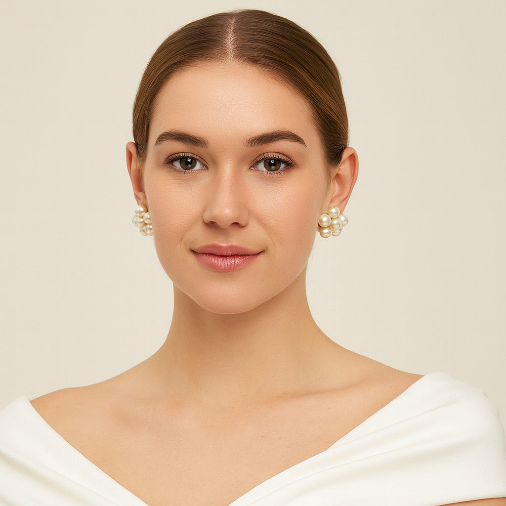 Bridal look featuring PaulaB Pearl Cluster Earrings in Australia.