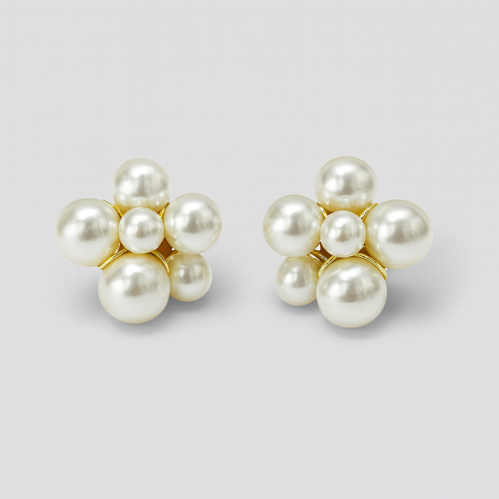 PaulaB Pearl Cluster Earrings- 18k gold plated stud with artificial pearls, front view.