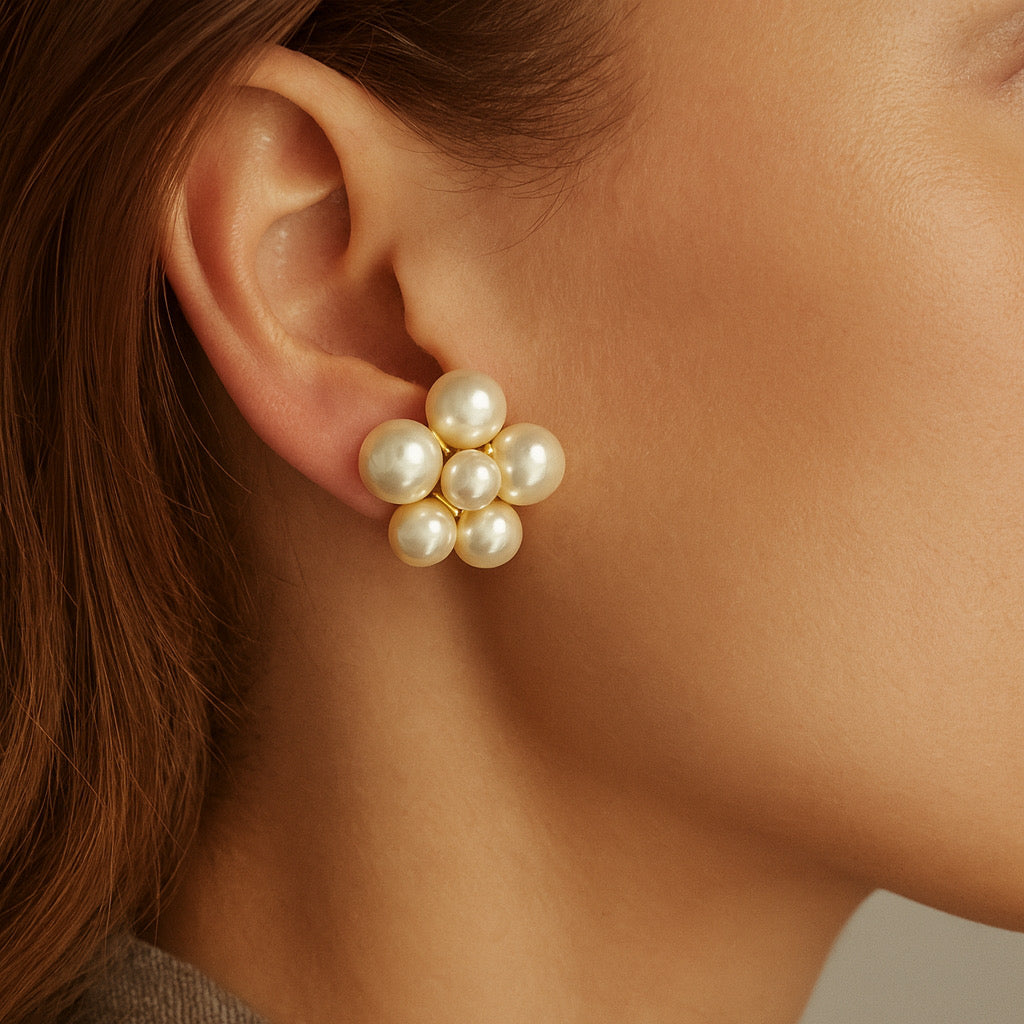 Model wearing PaulaB Pearl Cluster Earrings, bridal wedding jewellery.