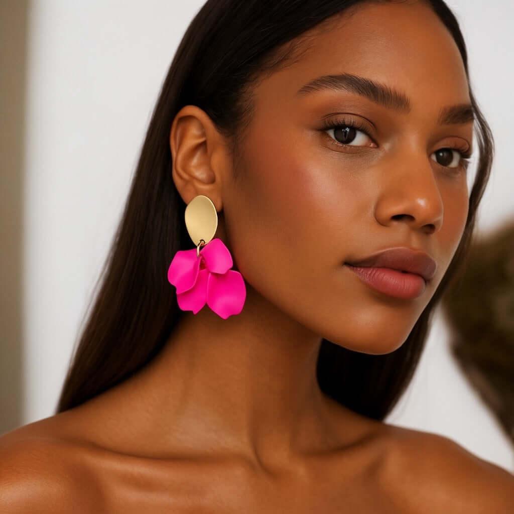 Model wearing hot pink petal statement earrings.