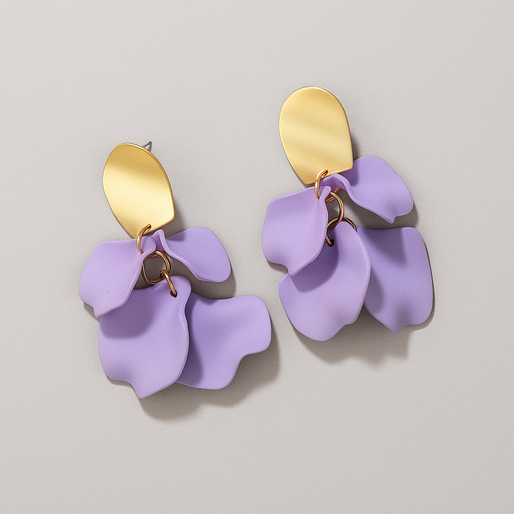 Lilac petal statement earrings front view.
