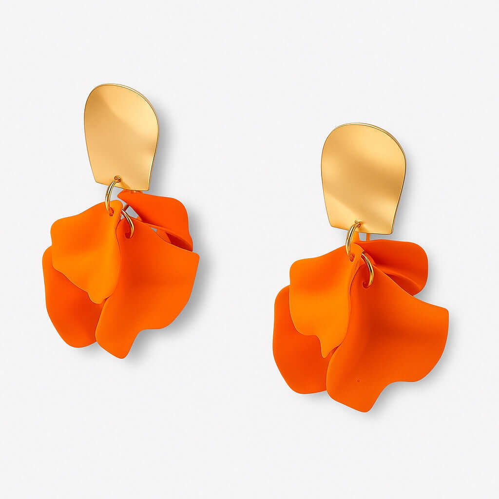 Orange petal statement earrings with gold-plated stud front view.
