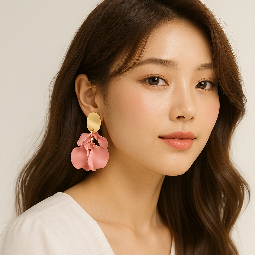 Model wearing soft pink petal statement earrings.
