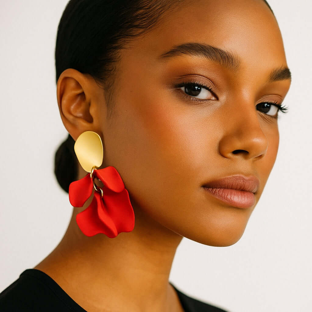 Model wearing scarlet red petal statement earrings.
