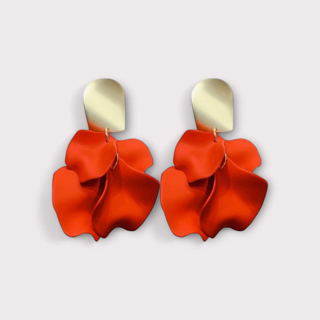 Scarlet red petal statement earrings front view.
