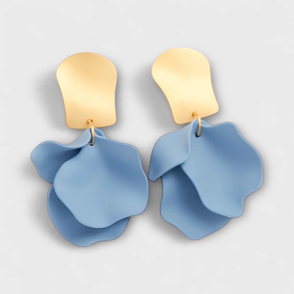 Sky blue petal statement earring's front view
