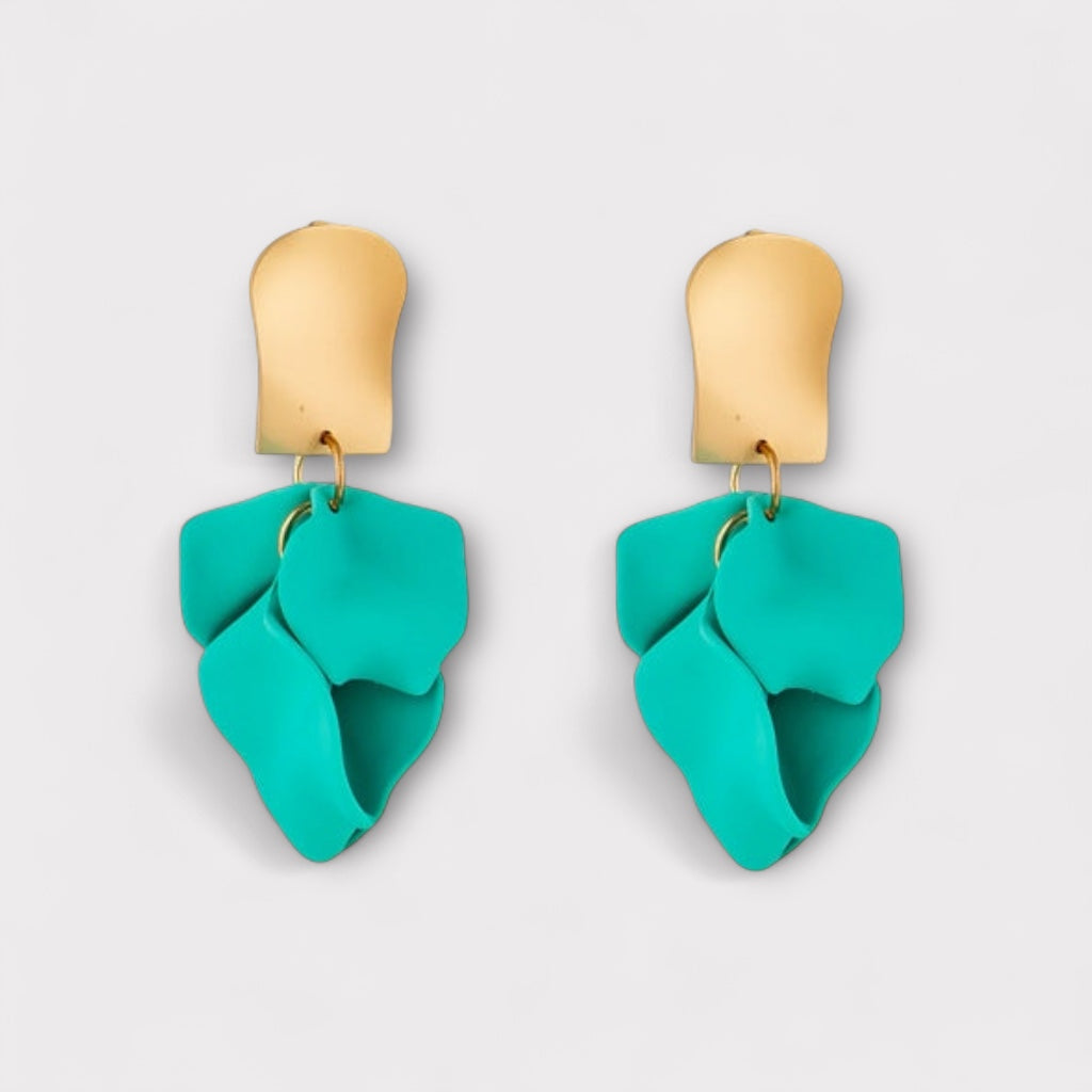 Teal petal statement earrings front view.
