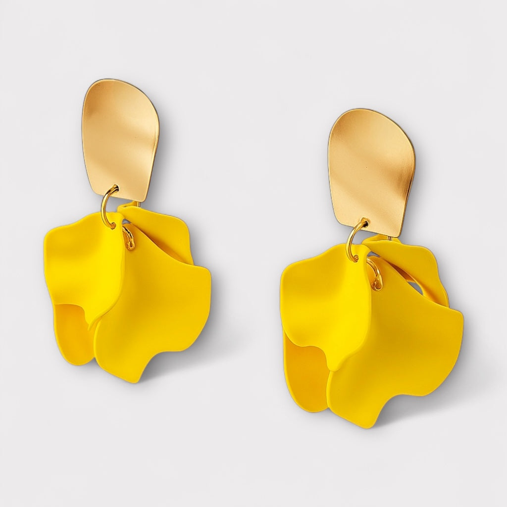 Yellow petal statement earring's front view.
