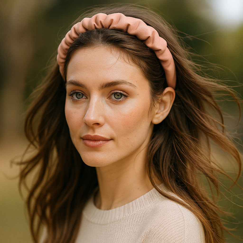Model wearing PaulaB pink PU leather ruched headband outdoors with flowing hair.