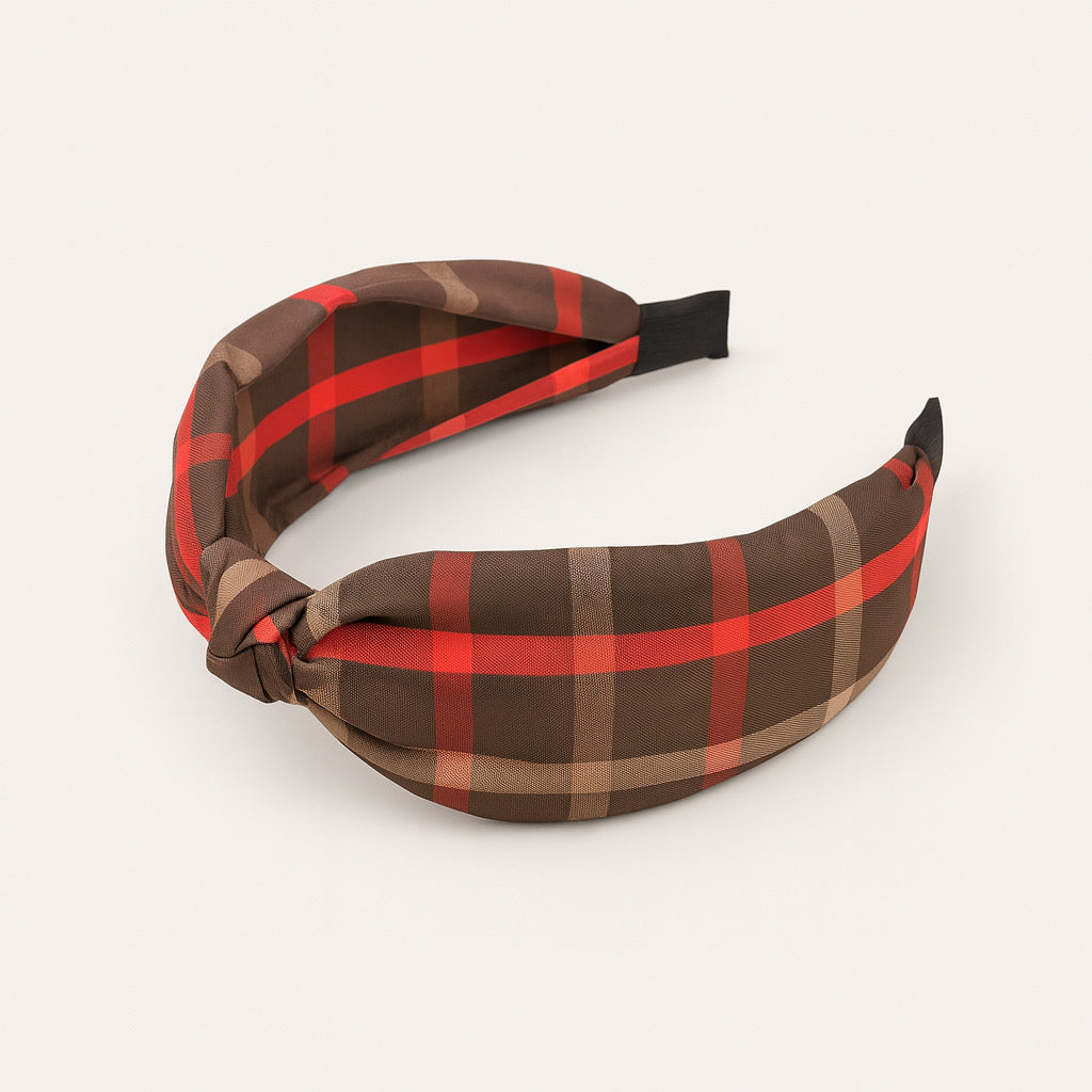 PaulaB checkered hair accessory in brown and red plaid side angle view.