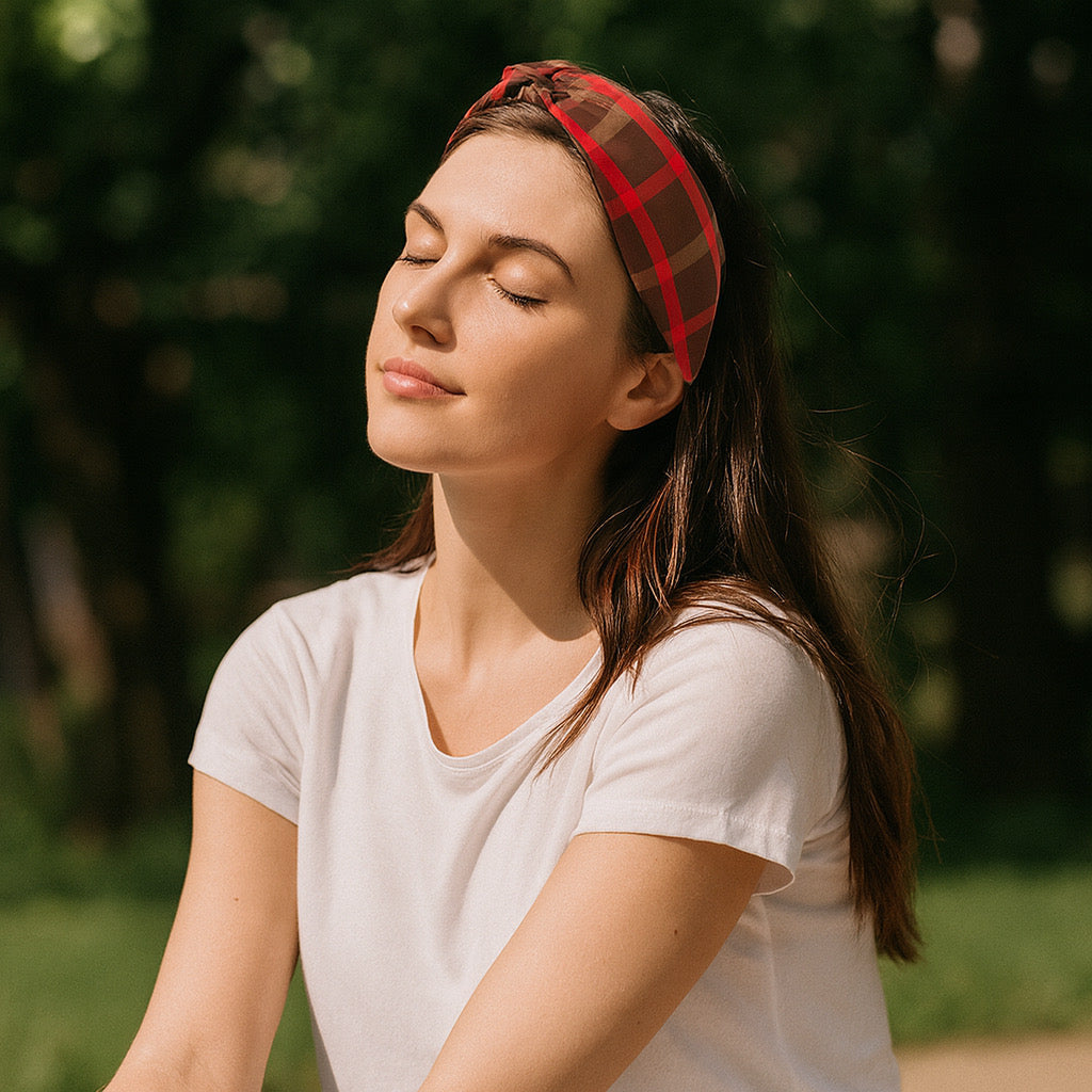 Lifestyle brunch look with model wearing PaulaB plaid silk-feel polyester headband.