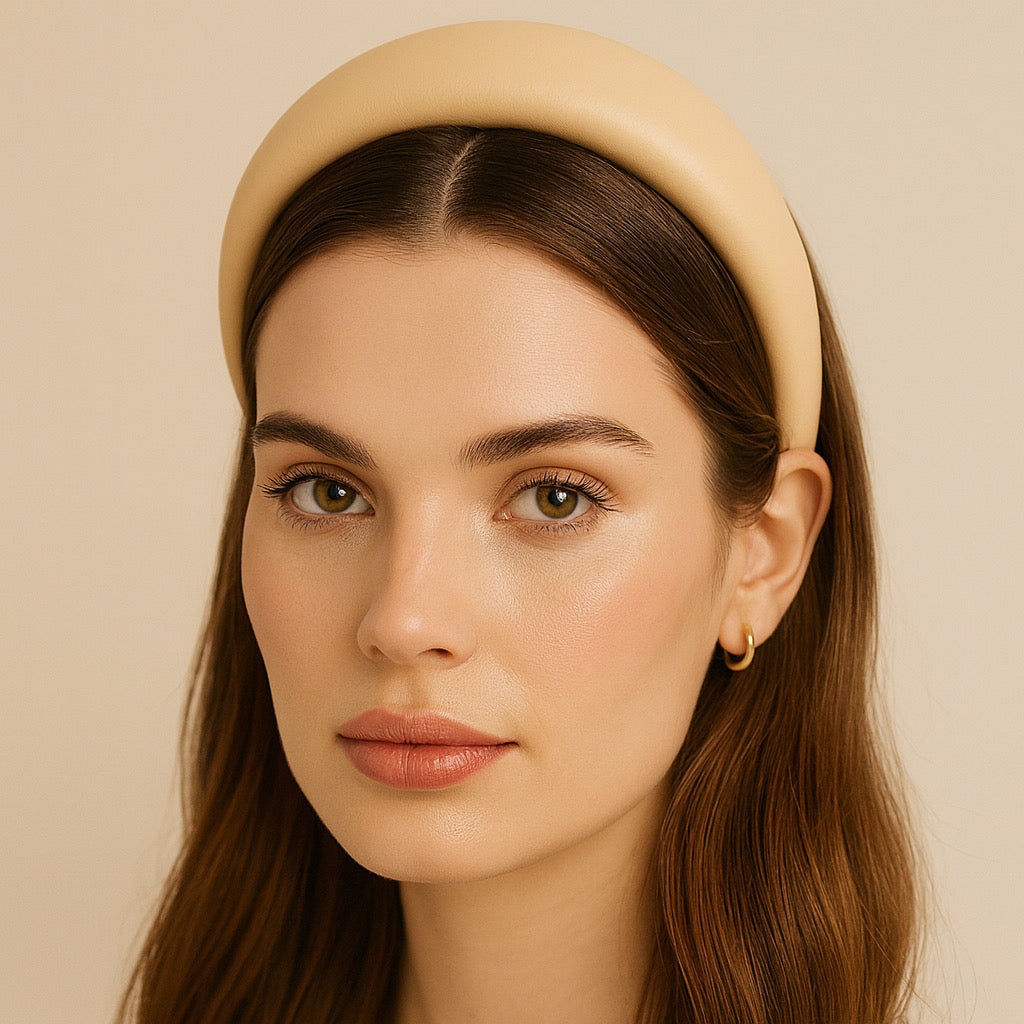 Closeup of model in PaulaB nude PU leather headband, elegant wide cushion design.