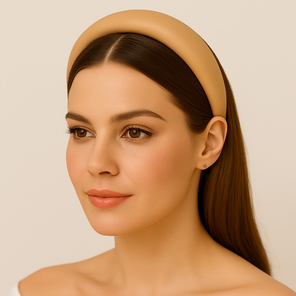 Model wearing PaulaB nude PU leather padded headband, studio portrait closeup.