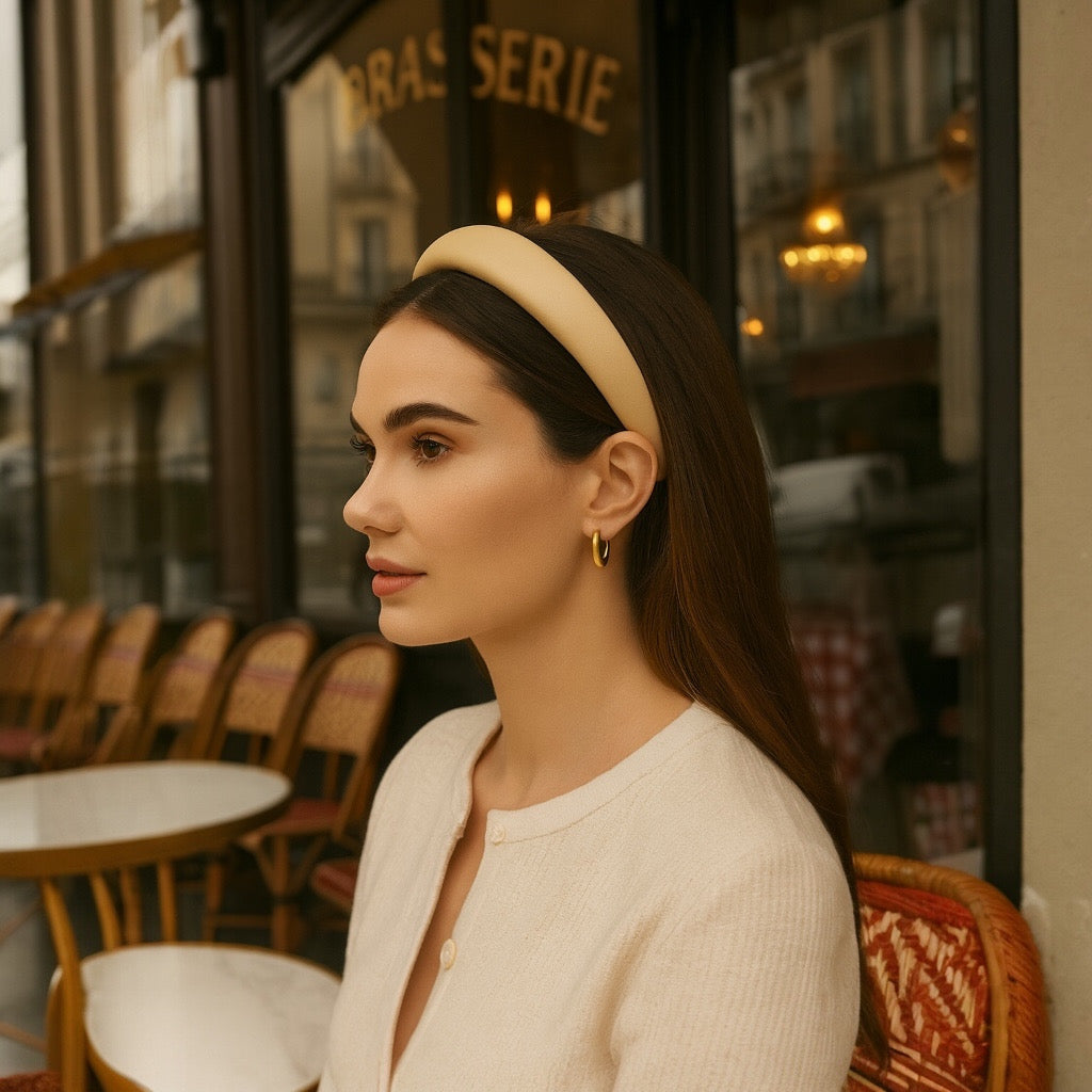 PaulaB 4cm nude padded headband styled on model at Paris Cafe, chic lifestyle look.