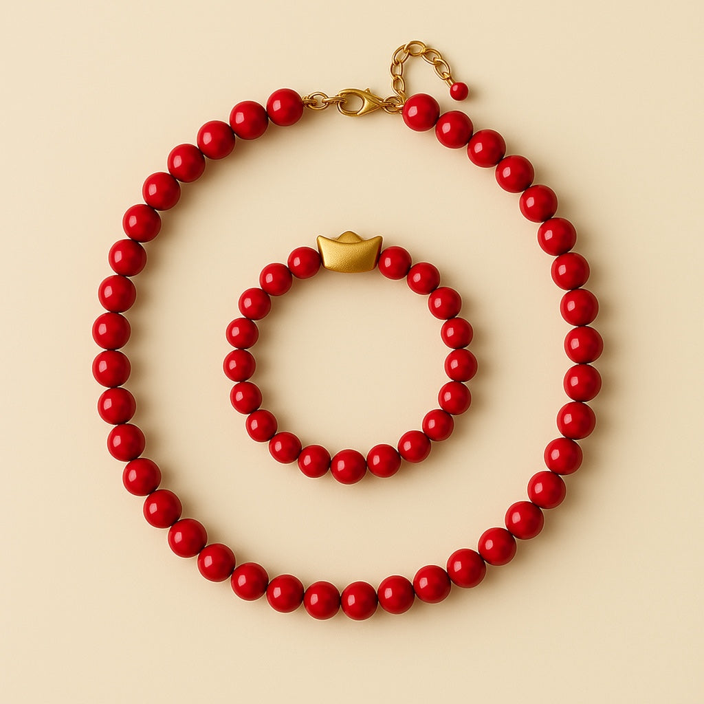 PaulaB matching red beaded necklace and bracelet set with gold details - statement jewellery Australia & New Zealand.