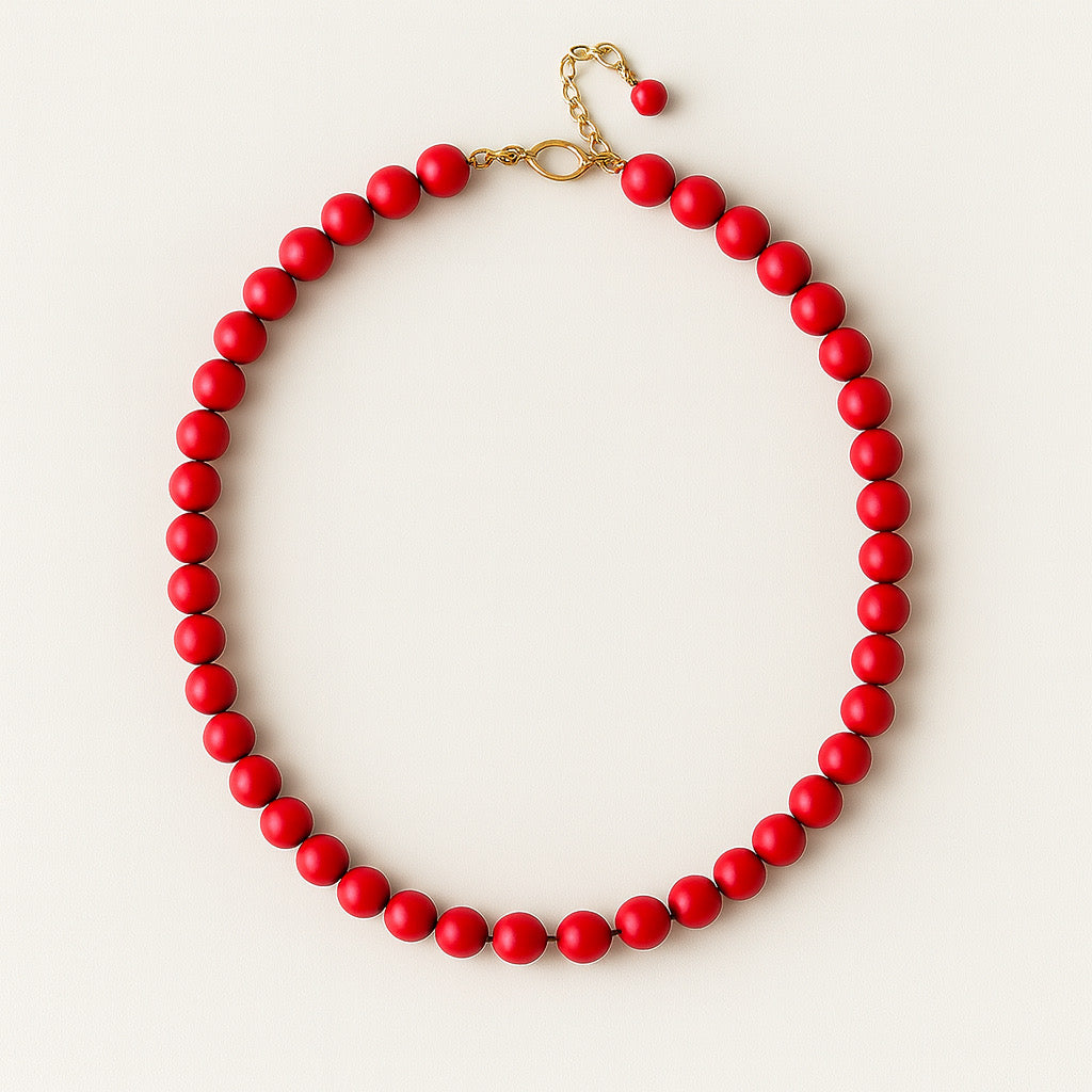 PaulaB radiant red beaded necklace with 18k gold-plated clasp - front view jewellery Australia & New Zealand.