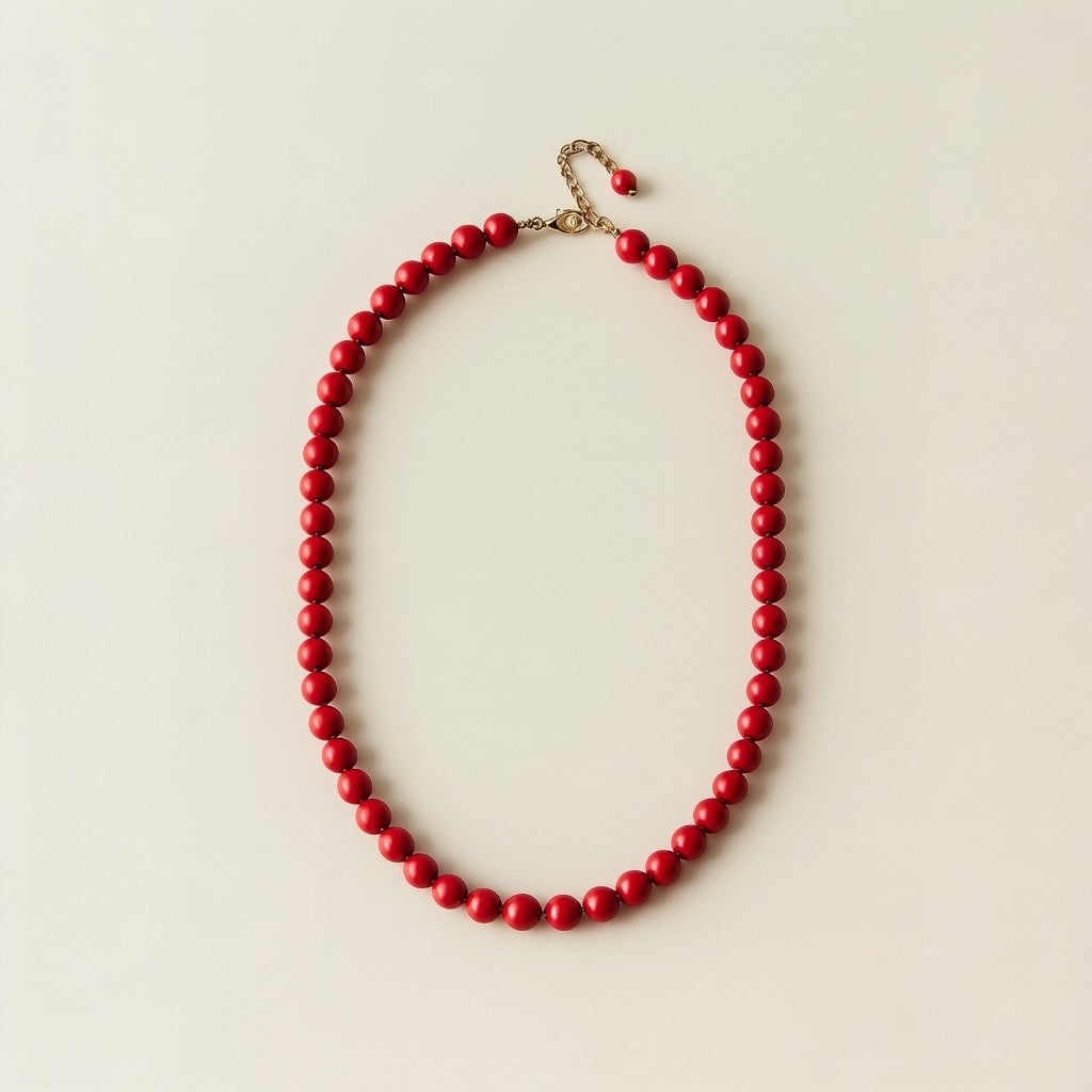 Full length view of PaulaB red beaded necklace with gold clasp - elegant jewellery AU & NZ.