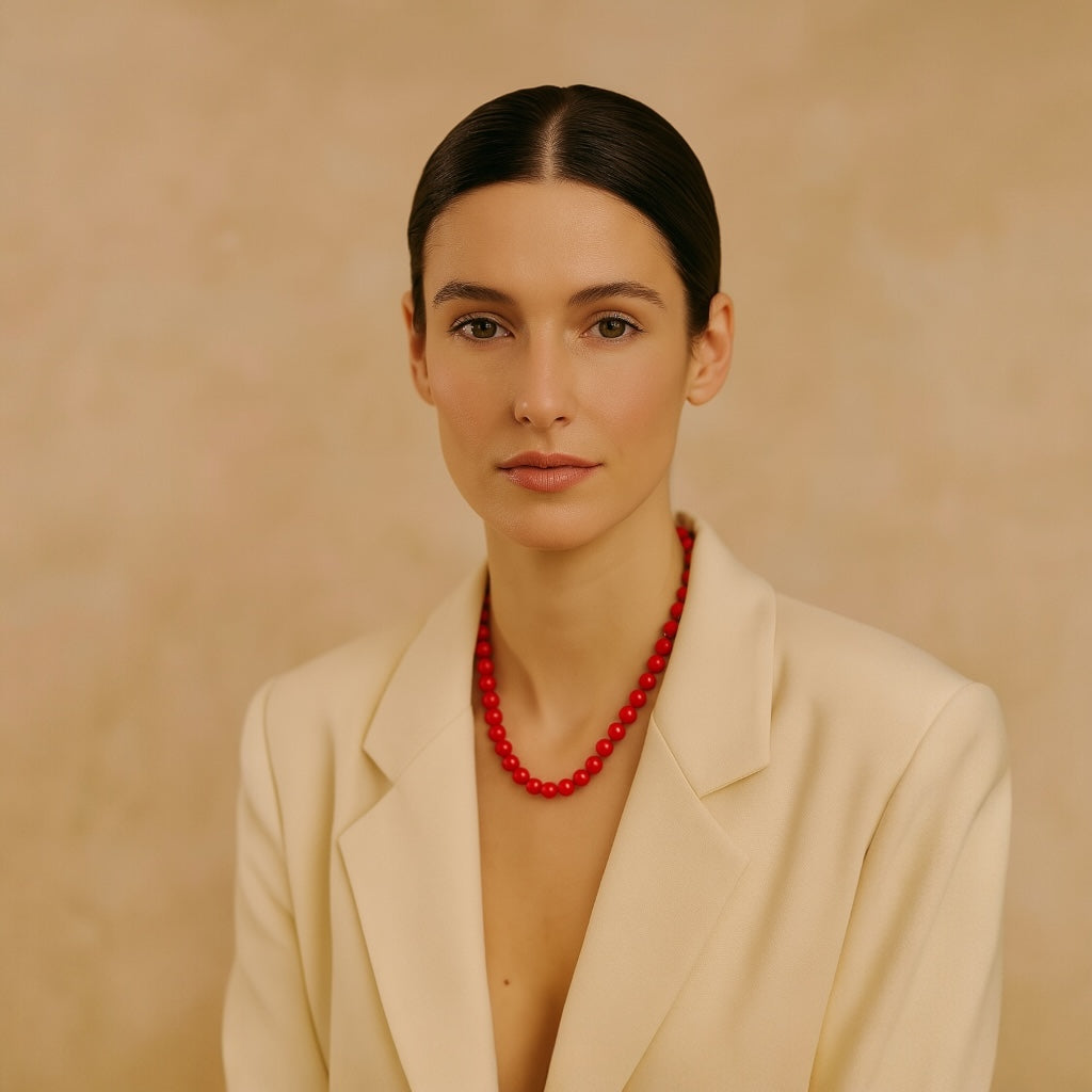 Editorail look with model wearing PaulaB red beaded necklace - bold red statement jewellery for women AU & NZ.