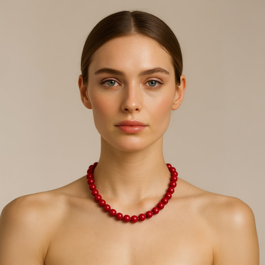 Model wearing PaulaB red beaded necklace - bold statement fashion jewellery Australia New Zealand.