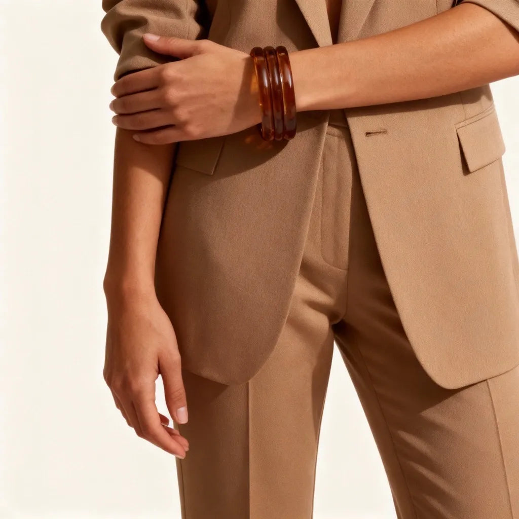 Amber resin layered cuff bracelet by PaulaB displayed on grey background as alternate product hero image. AU, NZ UK.