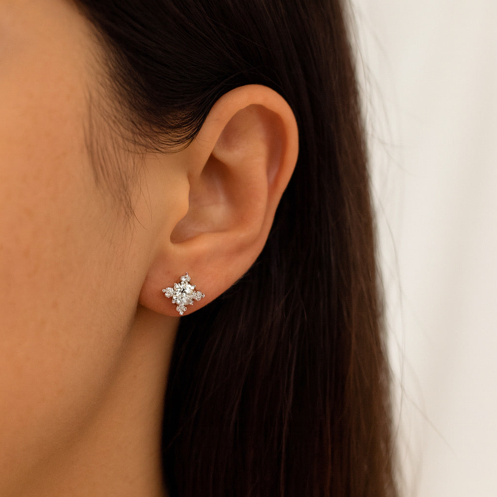 Model wearing PaulaB Stellar Bloom Earrings in rhodium-plated sterling silver.