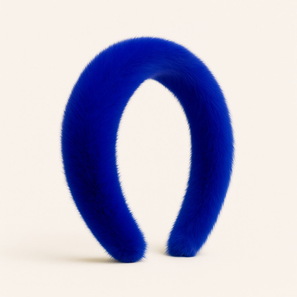 Side view of PaulaB royal blue rabbit fur headband elegant winter style hair accessory Australia.