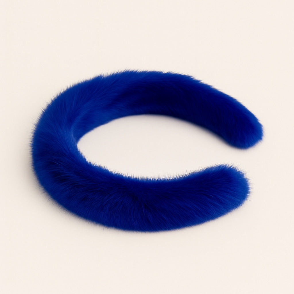 Flat lay of PaulaB royal blue rabbit fur headband soft plush fur women's accessory Sydney boutique. 