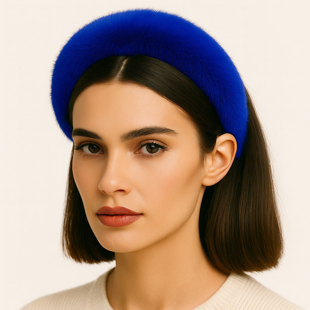 Close-up model wearing PaulaB royal blue rabbit fur headband French chic inspired Sydney fashion.