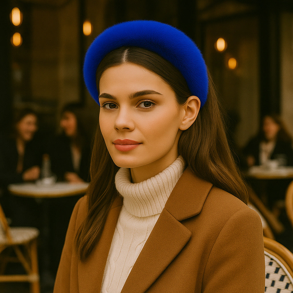 PaulaB royal blue fur headband styled in Paris Cafe brunch look luxury winter fashion Australia.