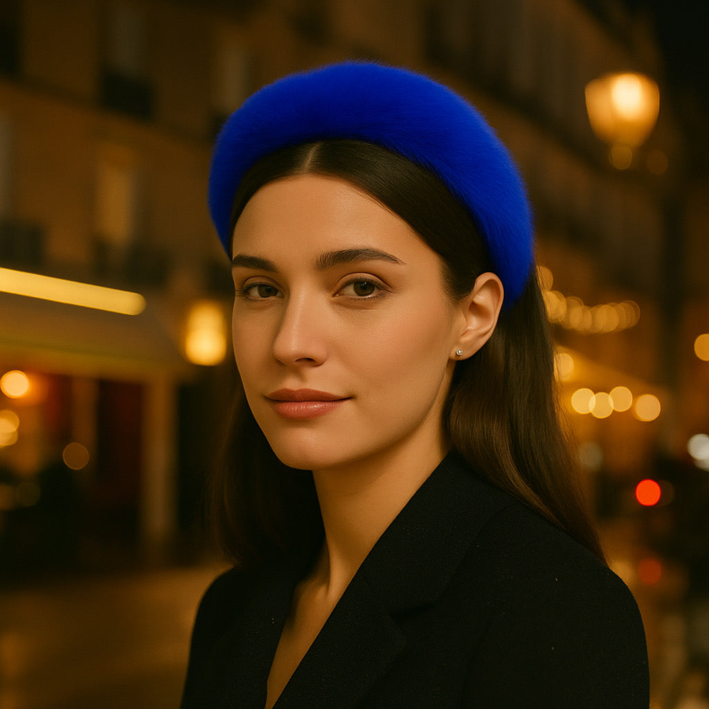 Model wearing Paulab royal blue rabbit fur headband in Paris Street night out chic European winter style. 