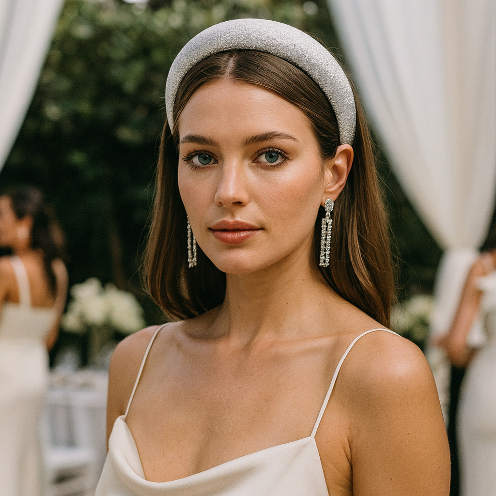 Bridesmaid wearing silver glitter padded sparkle headband- PaulaB