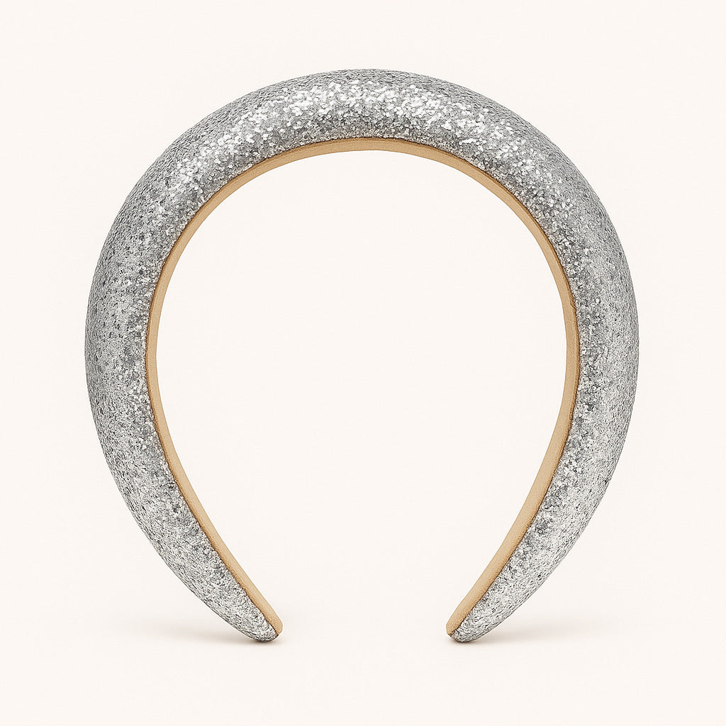 Elegant silver sparkle headband front close up, PaulaB accesories.