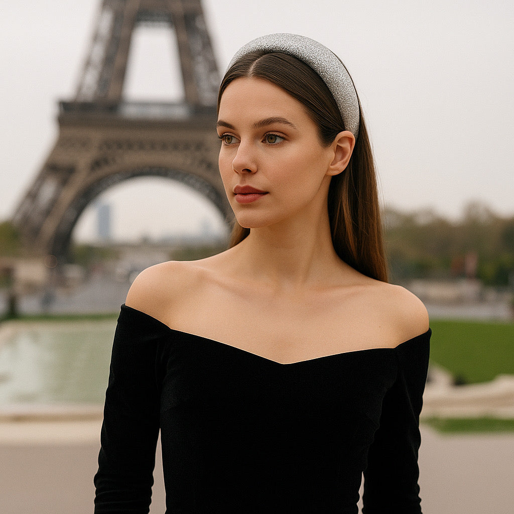 Model wearing PaulaB silver glitter sparkle headband Paris chic look.