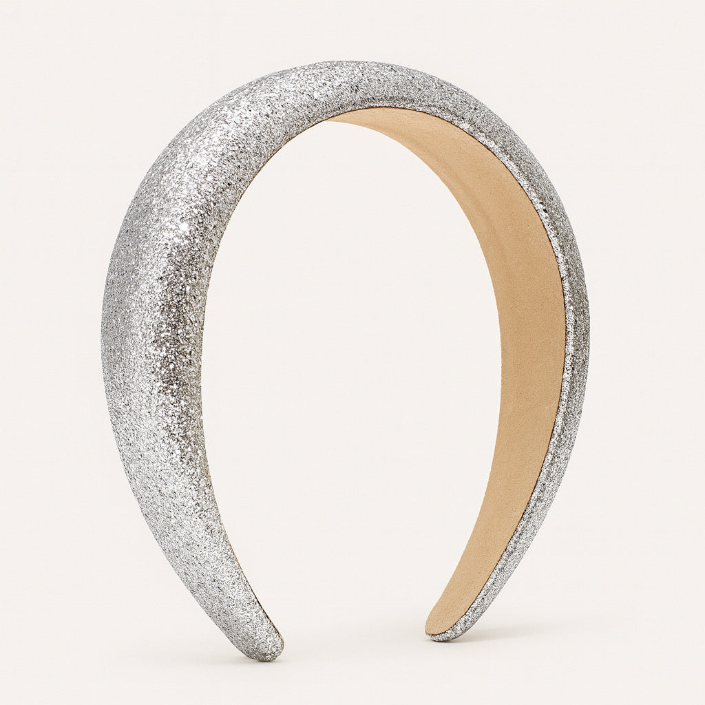 PaulaB silver glitter padded crown headband side angle view.