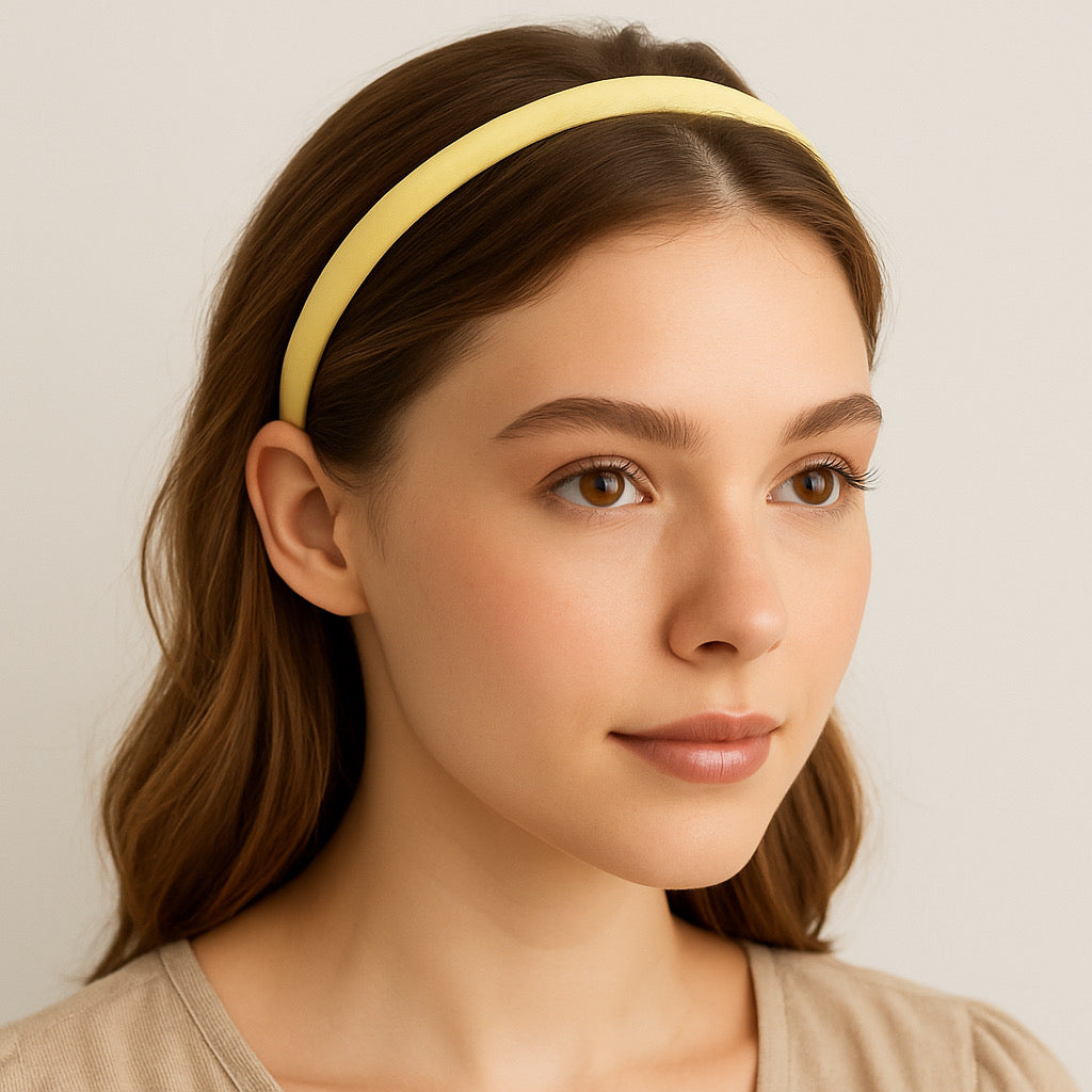 Model wearing PaulaB soft cotton thin headband- elegant everyday hair accessory