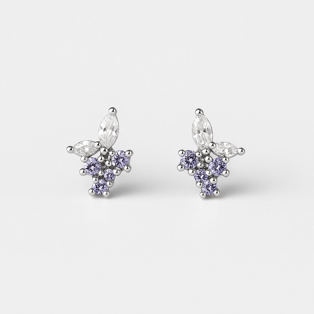 PaulaB rhodium plated sterling silver stud earrings with purple and white zirconia- Sydney jewellery store.