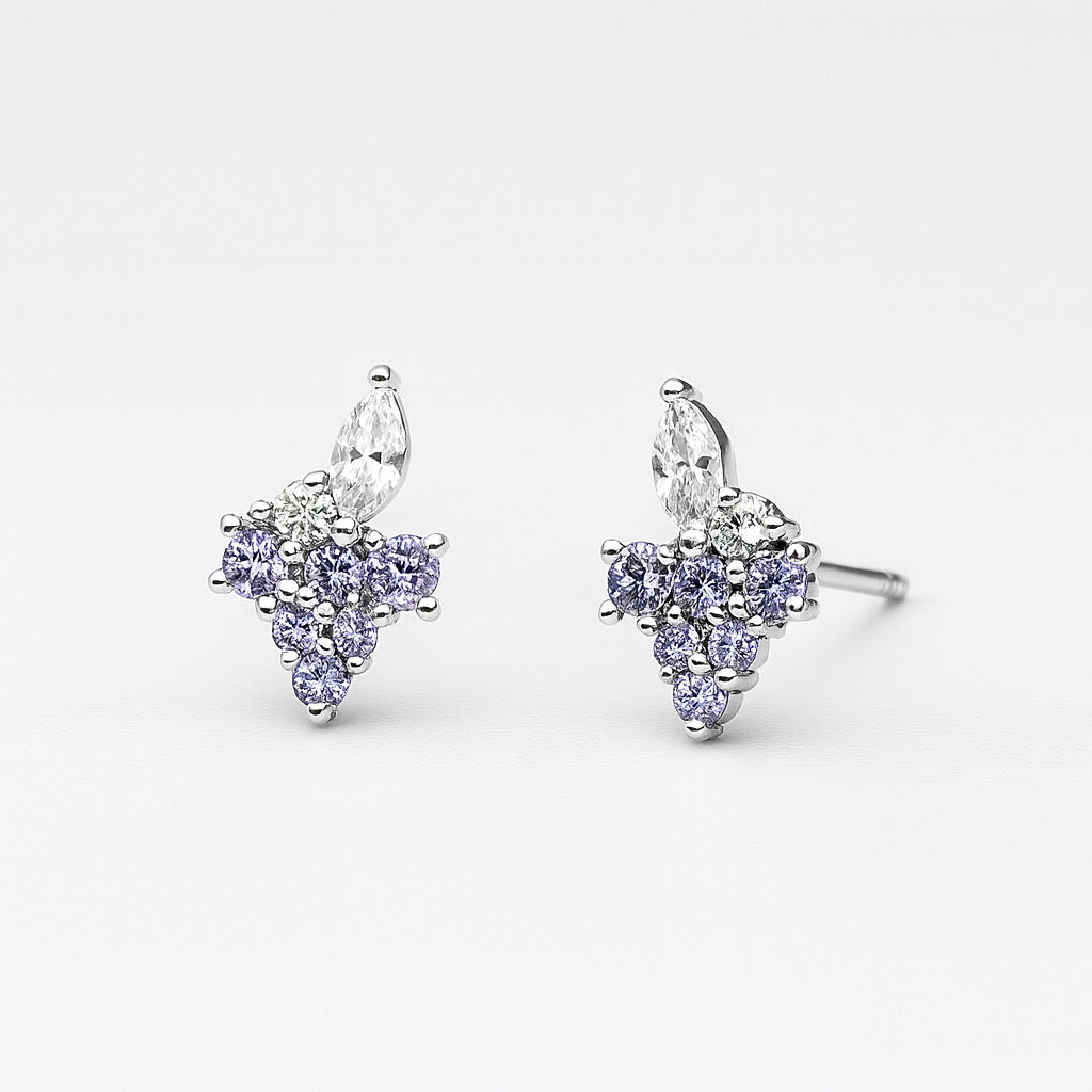 Sterling silver floral design stud earrings with violet crystals - PaulaB Jewellery Australia.